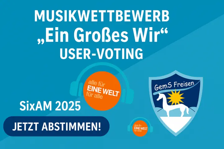 Aufruf zum Online-Voting im Musikwettbewerb mit Logo „alle für EINE WELT für alle“ und Schulwappen