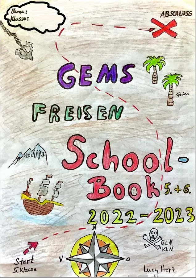 Gezeichnetes Deckblatt des School-Book 5.+6. 2022–2023 im Stil einer Schatzkarte