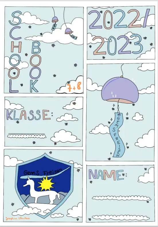 Gezeichnetes Deckblatt des School Book 7+8 2022/2023 mit Wolken, Windspiel und Schulwappen