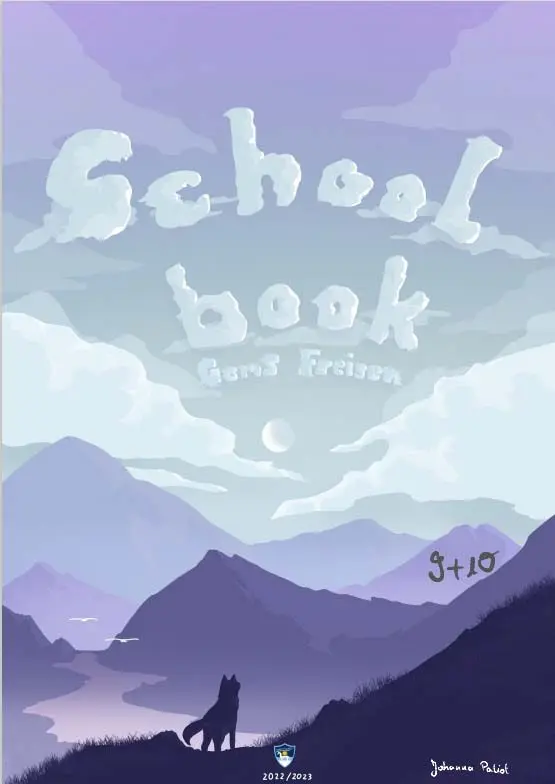 Deckblatt des School book 9+10 2022/2023 mit Berglandschaft und Wolf im Mondlicht
