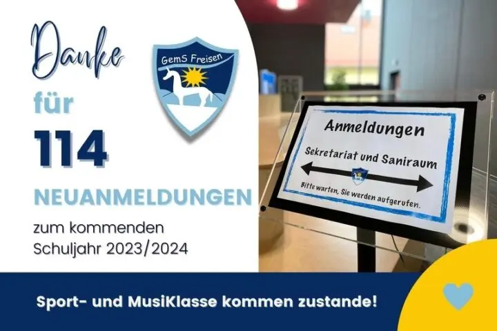 Dankesgrafik zu 114 Neuanmeldungen mit Schullogo und Aufsteller „Anmeldungen“