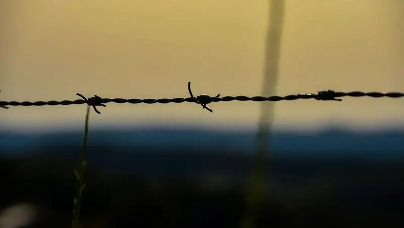 Stacheldraht vor unscharfem Abendhimmel in Gelbtönen