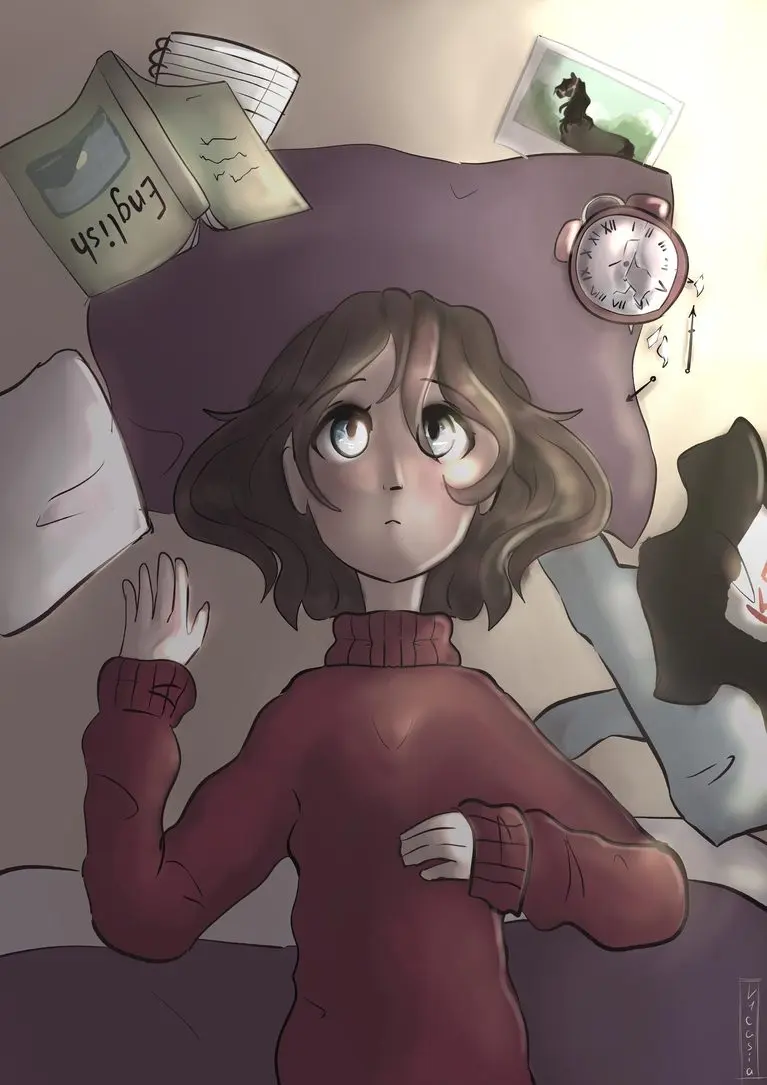 Digitale Zeichnung: Mädchen im roten Pullover liegt im Bett, über ihr Englischbuch, Foto und zerbrochener Wecker