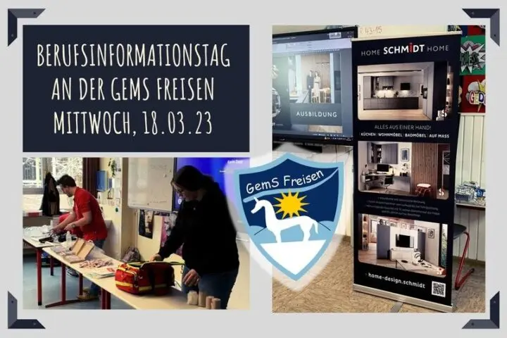 Collage zum Berufsinformationstag mit Schullogo, Infostand mit Erste-Hilfe-Tasche und Aufsteller von Home Schmidt