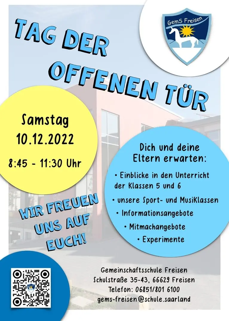 Plakat „Tag der offenen Tür“ der Gemeinschaftsschule Freisen am Samstag, 10.12.2022, 8:45 bis 11:30 Uhr. Die Angaben des Plakats stehen im Text der Meldung.