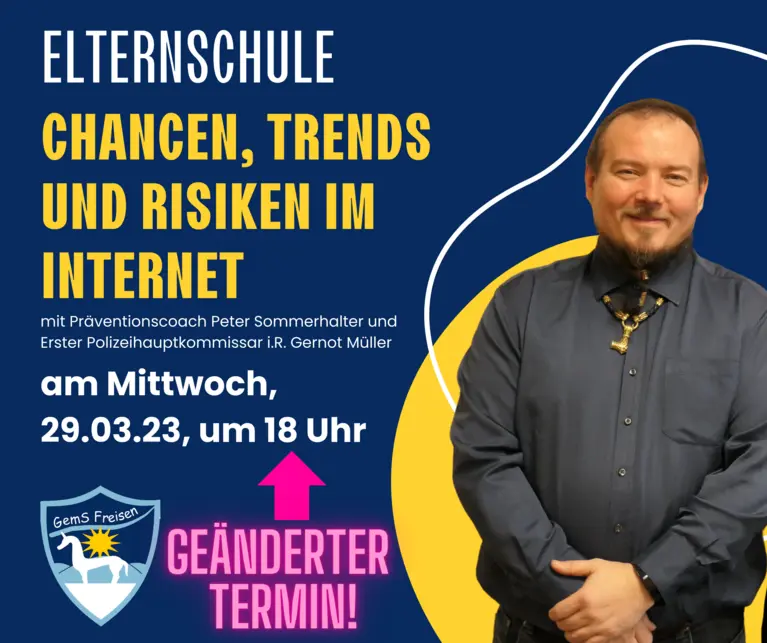 Ankündigung der Elternschule zu Chancen, Trends und Risiken im Internet mit Foto eines Referenten