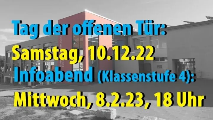 Terminankündigung vor einem Foto des Schulgebäudes