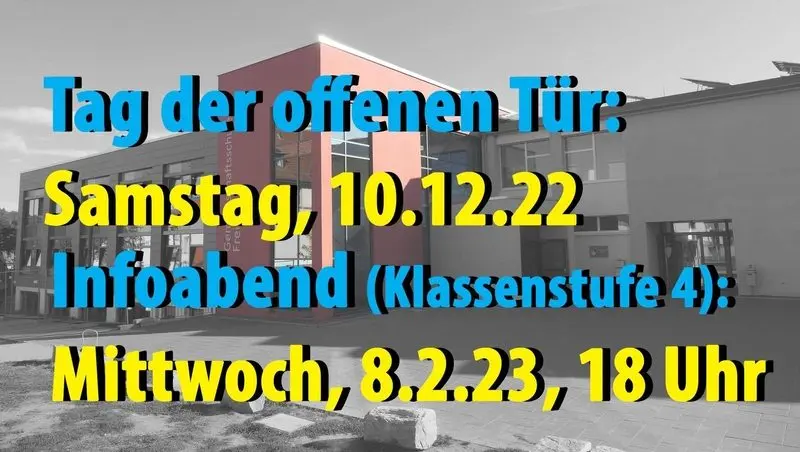 Terminankündigung vor einem Foto des Schulgebäudes
