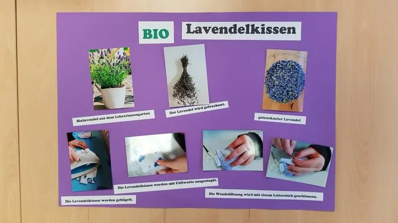 Plakat „BIO Lavendelkissen“ mit Fotos der Arbeitsschritte