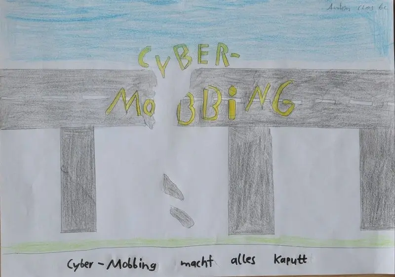 Logo-Entwurf: Zeichnung einer zerbrochenen Brücke mit Schriftzug „Cyber-Mobbing“