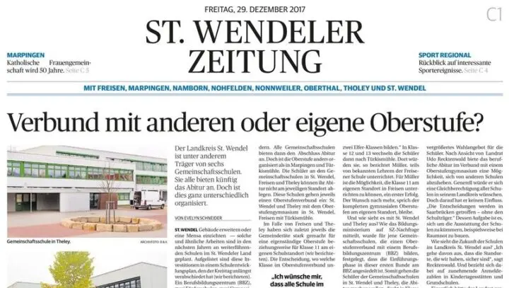 Zeitungsausschnitt der St. Wendeler Zeitung zu Oberstufen an Gemeinschaftsschulen