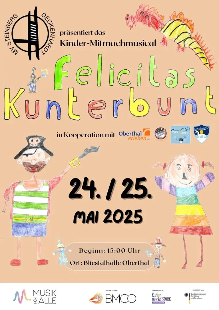 Plakat zum Kinder-Mitmachmusical „Felicitas Kunterbunt“ mit Kinderzeichnungen