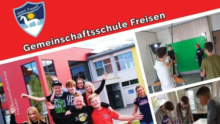 Collage mit Schullogo und Schriftzug „Gemeinschaftsschule Freisen“: Kinder vor dem Schulgebäude, Greenscreen-Studio, Unterricht