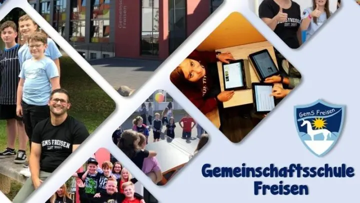 Titelseite der Schulbroschüre mit Fotocollage aus dem Schulleben und Schullogo