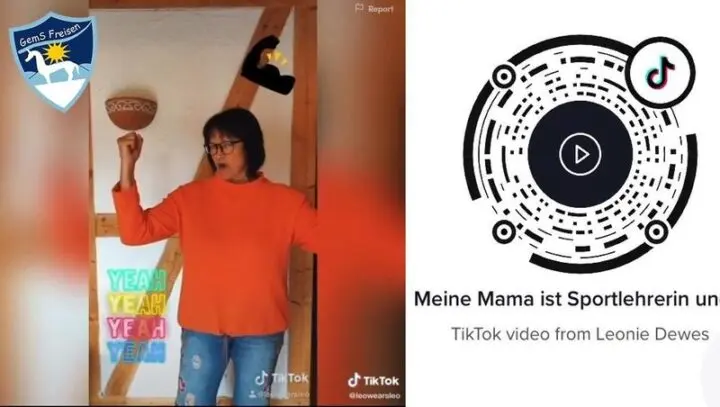 Standbild aus dem TikTok-Aufruf: Person im orangen Pullover tanzt, daneben ein TikTok-QR-Code zum Video