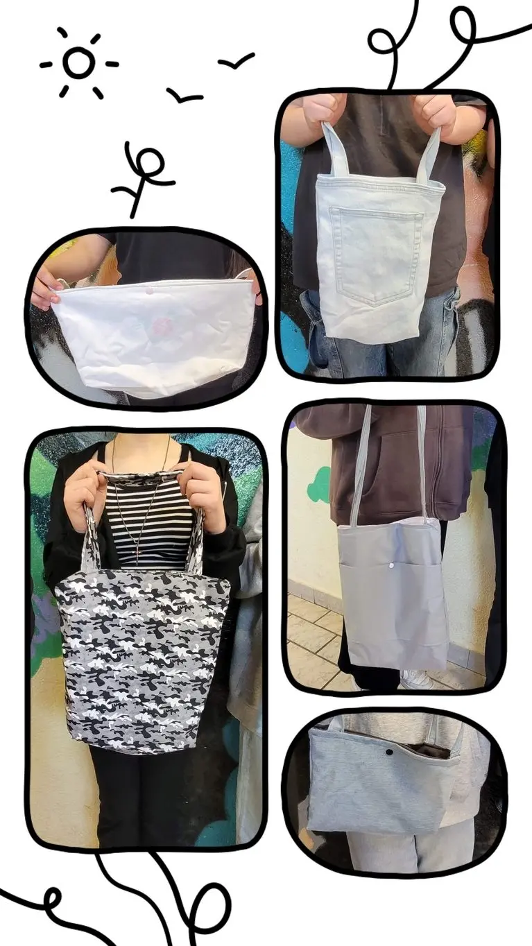Collage mit fünf genähten Taschen aus Jeans und Stoffresten, gehalten von Personen
