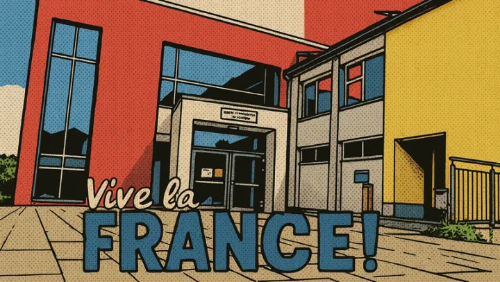 Comiczeichnung des bunten Schulgebäudes mit dem Schriftzug „Vive la France!“