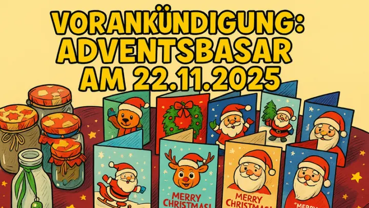 Ankündigungsgrafik mit gezeichneten Weihnachtskarten und Marmeladengläsern